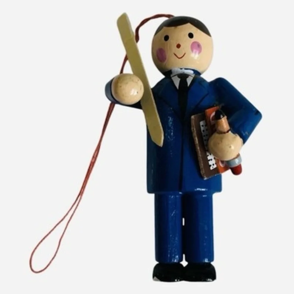 Midwest Cannon Falls Wood Teacher Christmas Ornament Blue Suit 2x3